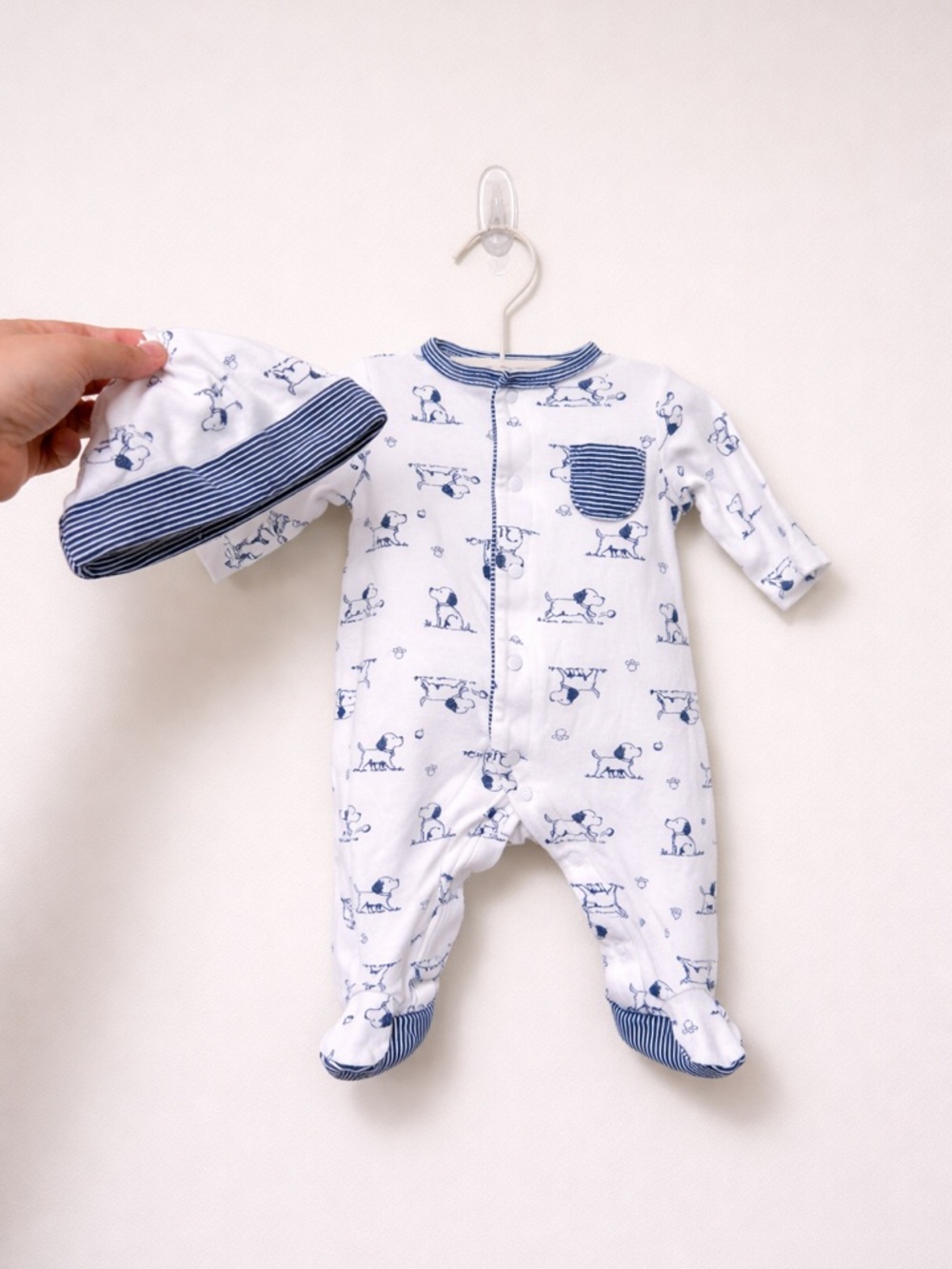 Baby Blue Puppy Print Footed One-Piece with Matching Hat